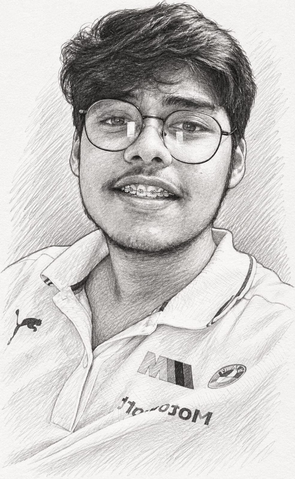Pencil sketch portrait of Likhit, smiling, in round glasses